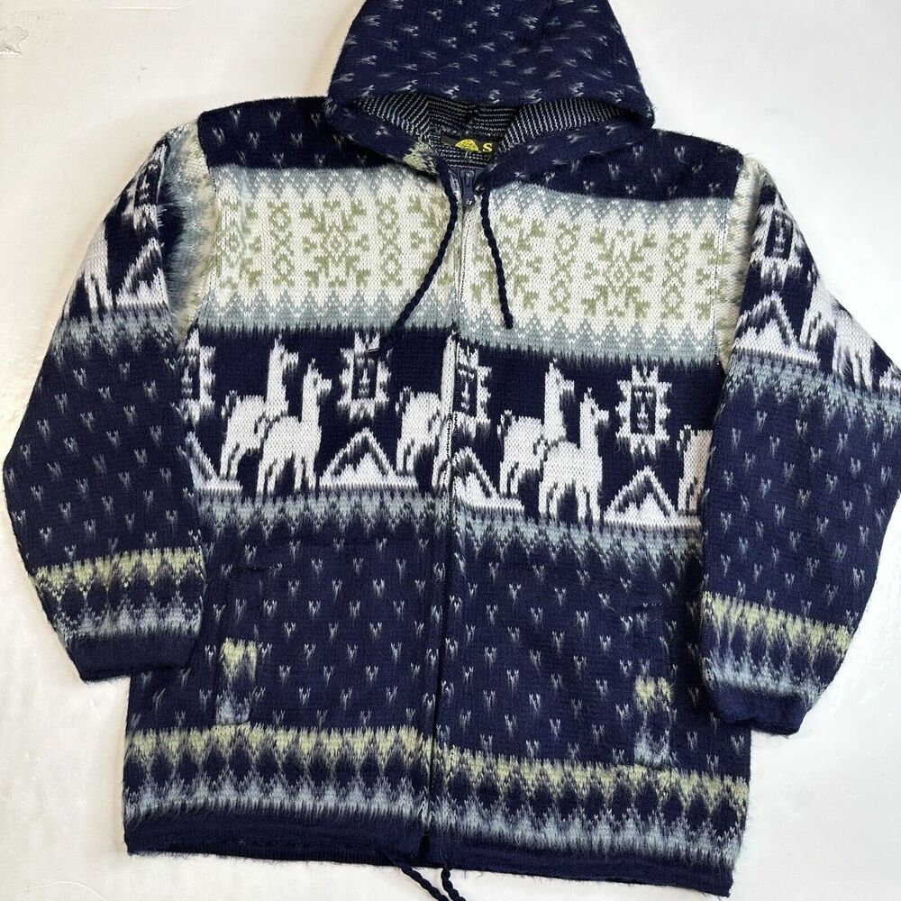 Alpaca Sweater Tejidos Ruminahui Hooded Jacket Sz Small Blue Zip Up Aztec Hoodie
